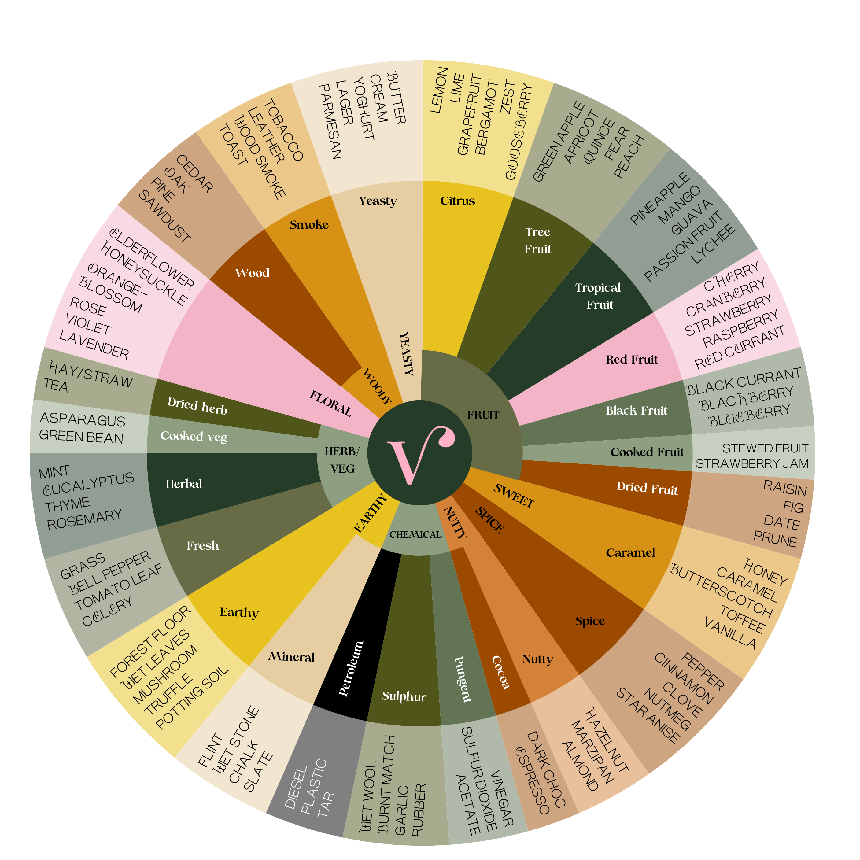 The Vinehunter aroma wheel showing flavour families